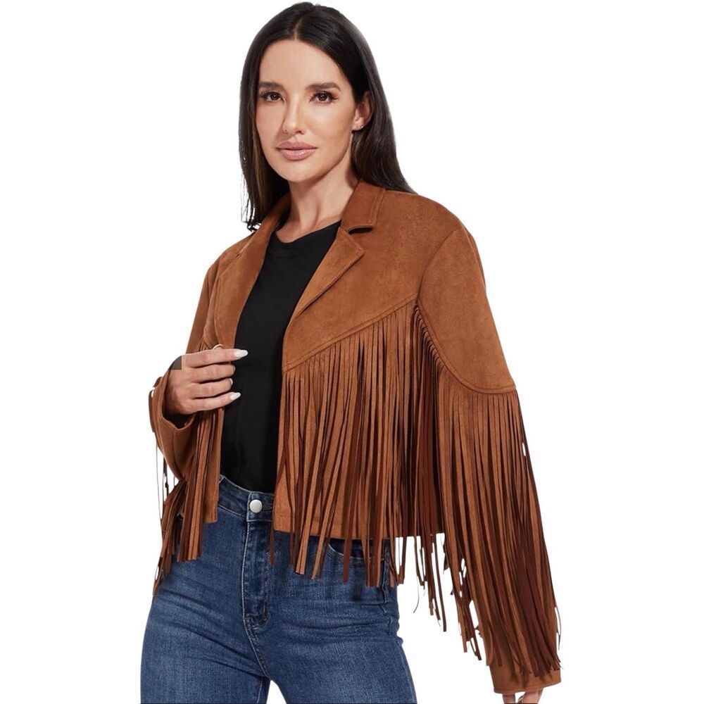 Fahsyee Fringe Suede Cropped Open Front Western Cowgirl Jacket Brown Size Small